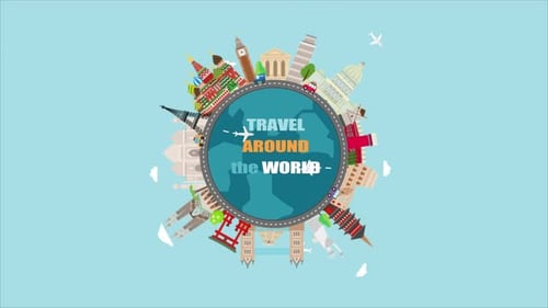 Animated Flat Design Travel Globe with World Landmarks