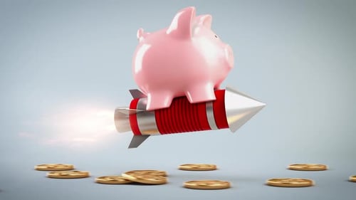 Piggy Bank Flying on a Rocket Financial Growth and Success Investment Concept