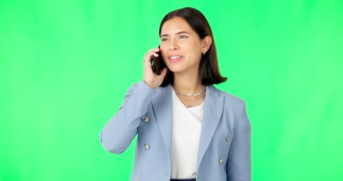 Woman, business and happy for phone call, green screen and background of communication