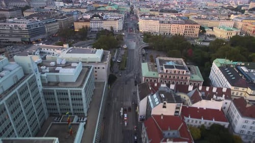 Aerial Drone Reveals City streets, Vienna Austria European Capital, wide skyline