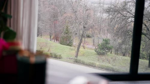 vue depuis la fenêtre d'une maison ou d'un restaurant par temps nuageux (saison froide)