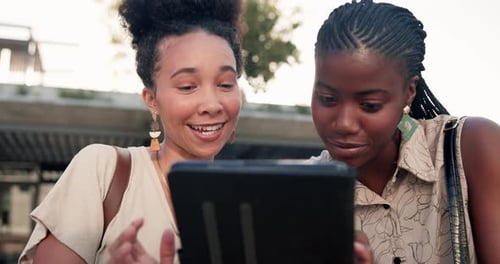 Happy friends, reading tablet and city for social media, fashion blog or business information