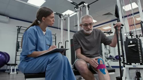 Physical Therapist Consults with Senior Patient About Knee Injury