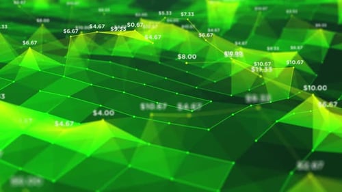 Green polygonal landscape with overlaid data points, symbolizing digital terrain mapping and financi