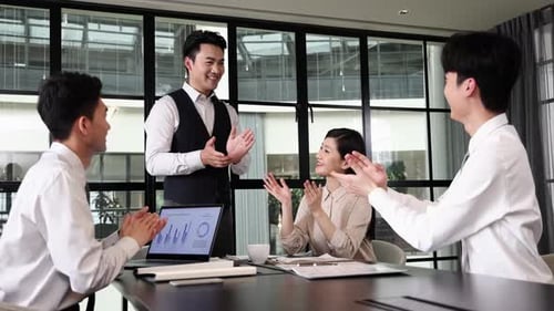 Leader encouraging colleagues collaboration at meeting office, motivation teamwork, celebration and