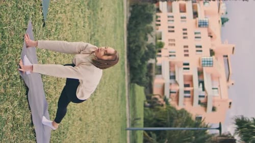 Tranquil Yogini Stretching Body Yoga Mat Park Vertical Girls Practicing Plank