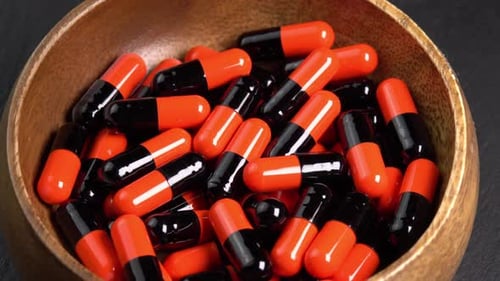 Close Up of Orange and Black Medicine Capsules