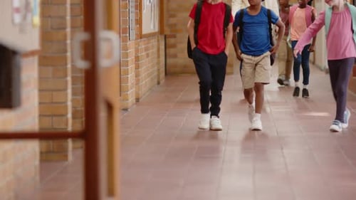 Walking in school hallway, children with backpacks heading to class