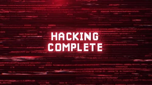 HD Hacking Complete Alert Warning Over Cybersecurity Glitch Error With Red Computer Code Animation