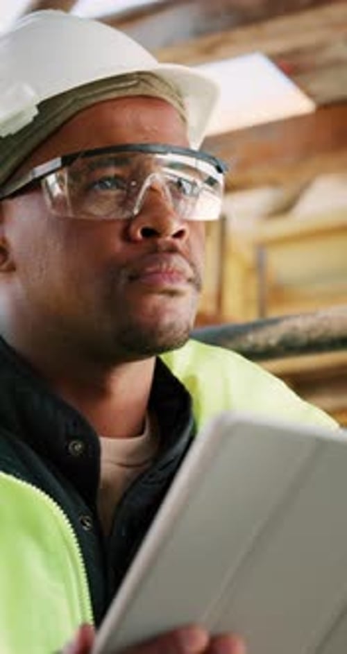 Thinking, black man and construction worker on site with tablet for email with feedback on building