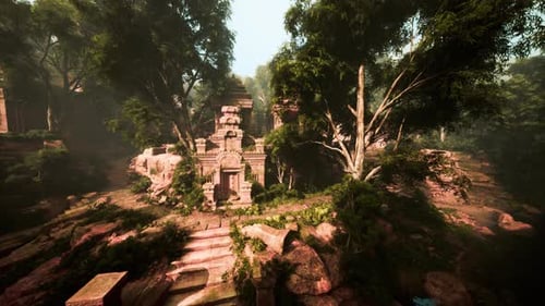 Serene Forest Temple with Intricate Carvings and Vibrant Foliage