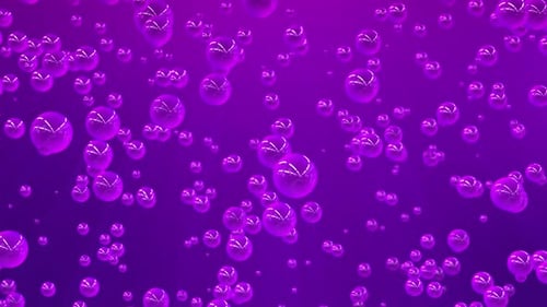 Looped screensaver with purple sparkling water bubbles smoothly floating up on a shiny background