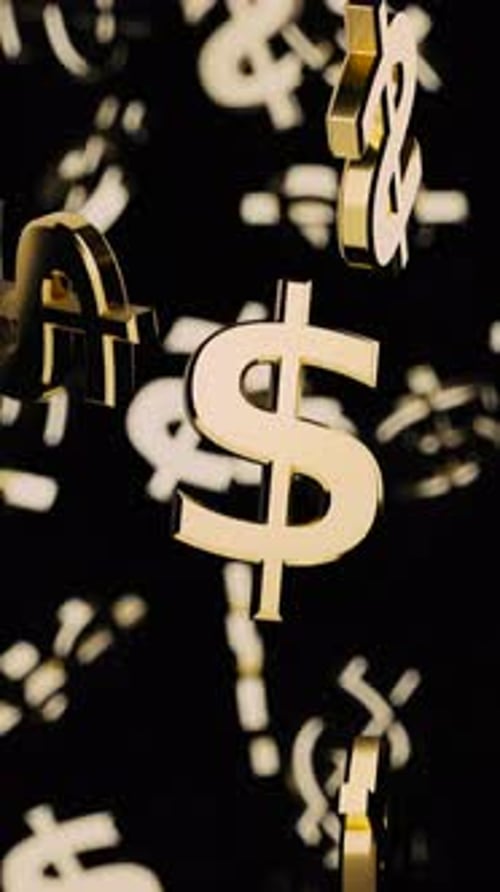 Falling Gold Dollar Symbols on a Black Background with Bokeh in Portrait