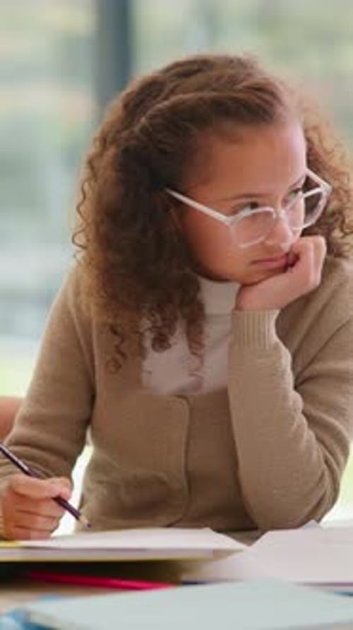 Education, tutor or stress on kid in home for lesson struggle, learning difficulty or overwhelmed