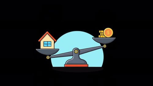 Animated Balance Scale with House and Money Icons