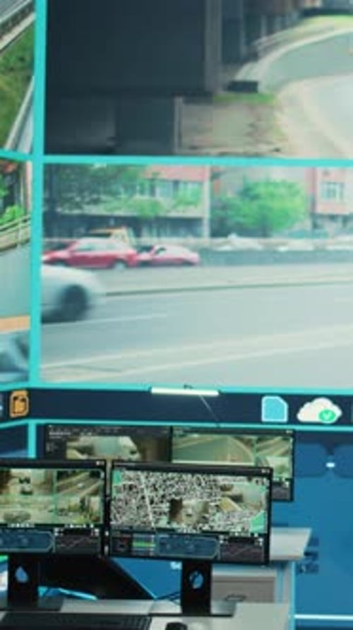 Vertikales Video: Leerer Überwachungsraum mit einem großen Bildschirm zur Überwachung des Verkehrs