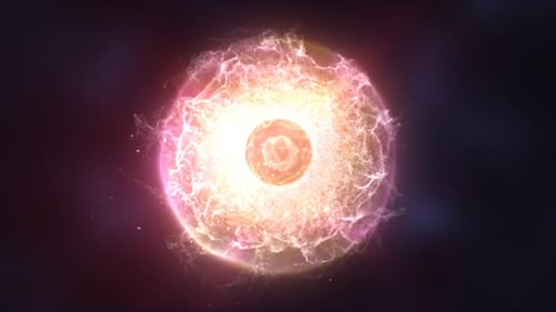 Abstract sphere atom with electrons flying glowing yellow bright particles and energy magic field