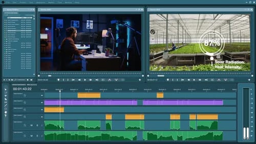 Interface de software de editor de vídeo usada para retocar clipes profissionalmente