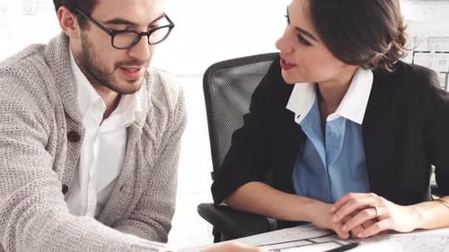 Blueprint, meeting and business people with company development, planning