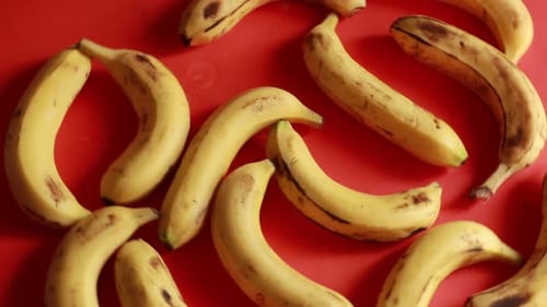 Ripe delicious wet bananas rotate clockwise on a black plate on a red background