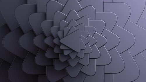 Abstract minimalist geometric background. Black flat triangular shapes spin and rotate. Top view.