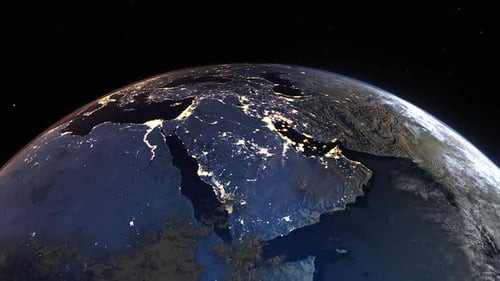 Realistic Earth Sunrise From Space Flying Over Middle East and Arabian Peninsula