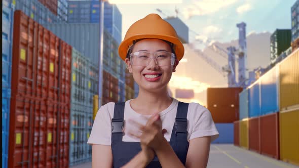 Close Up Of Asian Woman Worker Smiling And Clapping Her Hands At ...