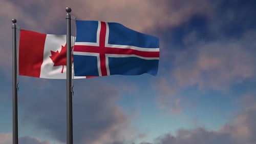 Canadian and Icelandic Flags Waving Against Blue Sky