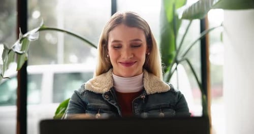 Laptop, research and woman in coffee shop for remote work on creative project with editing