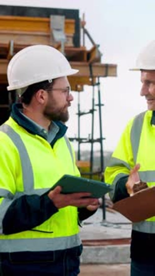 Sitio de construcción, equipo y charla con comentarios sobre la lista de verificación, la tableta y el proyecto para la construcción
