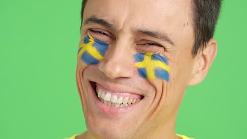 Man with a Swedish Flag Painted on the Face Smiling