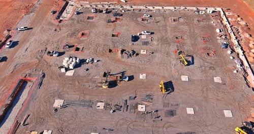 In Preparation Construction Site to Concrete Foundation Pouring to Construction of a New Building