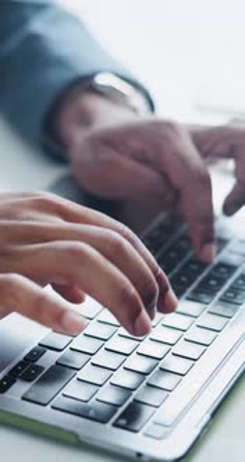 Business, person and hands with typing on laptop or keyboard for schedule planning