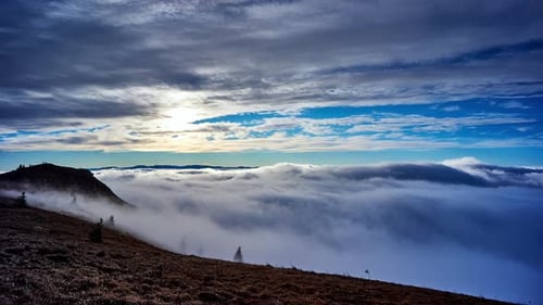 Magic View of Misty Clouds Motion in Alps Mountains Landscape at Morning Time Lapse