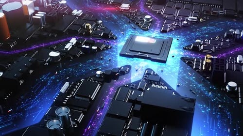 Bild des Gehirns auf einem Chip. Stadt im Computerhardwarestil mit dem Effekt des Computerverkehrs.