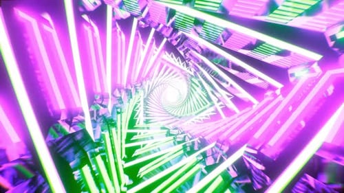 Flying inside twisted glowing triangle tunnel. Abstract futuristic background