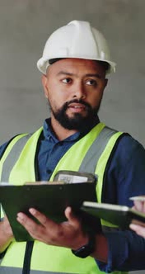 Architecture, tablet and man with clipboard, construction site for building project