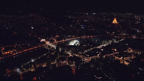 Aerial Panorama Of Tbilisi City At Night
