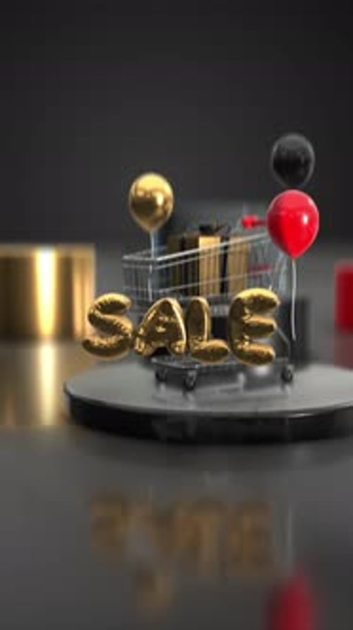 3D Shopping Cart with Gifts and Balloons on Black Podium Vertical