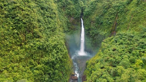 Waterfall cascading into rocky basin in dense tropical rainforest of Costa Rica