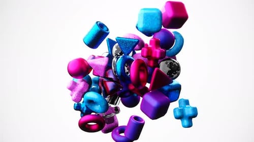 3d Abstract Motion Graphics with Flying Around Different Geometric Shapes on White Background