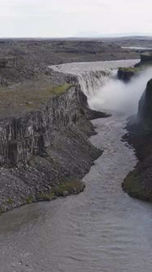Aerial View of Dettifoss Waterfall and Rugged Canyon in Iceland