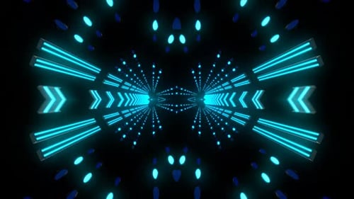 Dynamischer Neontunnel mit futuristisch leuchtenden Pfeilen und Lichtern vor dir