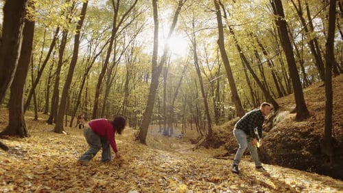 Adults Play with Leaves in Sunny Autumn Woodland
