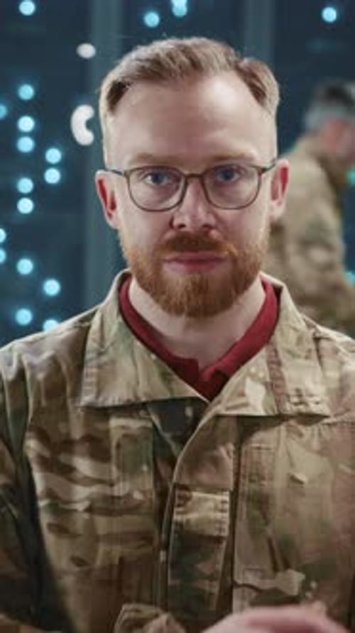 Portrait Caucasian Bearded Soldier Arms Crossed Posing in Data Center National Security Officer