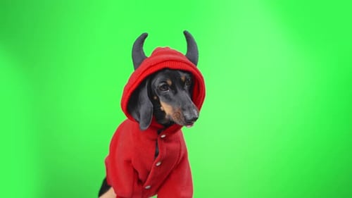 Adorable dachshund in red coat posing against green background with horns