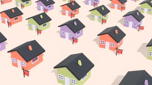 Home for Sale & Real Estate Animation. Mortgage & Housing Market Concept.