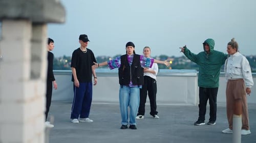 Funny Hiphop Party on Roof Teens Bgirls and Bboys are Dance Break and Funk Style