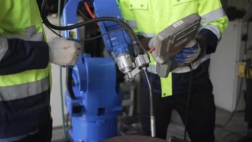 Engineer work at robotic arm factory.