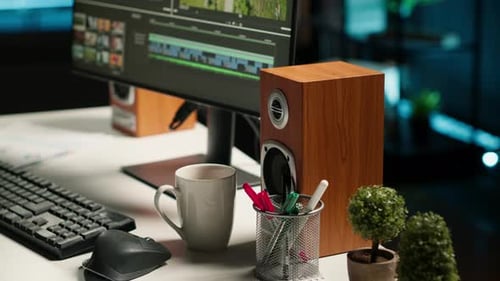 Video Editor Working at Computer Workstation